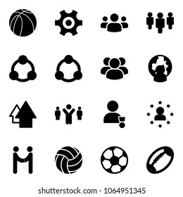 Solid Vector Icon Set - Basketball Ball Vector, Gear, Group, Social, Community, Man Globe, Arrow Up, Team Leader, Winner, Star, Agreement, Volleyball, Soccer, Football