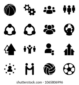 Solid vector icon set - basketball ball vector, gear, group, social, community, man globe, arrow up, team leader, winner, arrows, star, agreement, volleyball, soccer