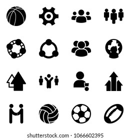 Solid vector icon set - basketball ball vector, gear, group, friends, community, man globe, arrow up, team leader, winner, arrows, agreement, volleyball, soccer, football