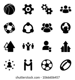 Solid vector icon set - basketball ball vector, gear, group, friends, community, man globe, arrow up, team leader, winner, arrows, star, agreement, soccer, football