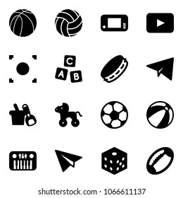 Solid vector icon set - basketball ball vector, volleyball, game console, playback, record button, abc cube, tambourine, paper plane, shovel bucket, wheel horse, soccer, beach, toy piano, bones