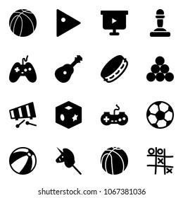 Solid vector icon set - basketball ball vector, play, presentation board, pawn, joystick, guitar, tambourine, billiards balls, xylophone, cube toy, gamepad, soccer, beach, unicorn stick, Tic tac toe