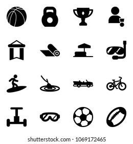 Solid vector icon set - basketball ball vector, weight, gold cup, winner, pennant, mat, inflatable pool, diving, surfing, fishing, cabrio, bike, gyroscope, protective glasses, soccer, football