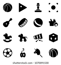 Solid vector icon set - basketball ball vector, play, pawn, record button, guitar, tambourine, shovel bucket, rocking horse, wheel, xylophone, cube toy, soccer, yoyo, unicorn stick