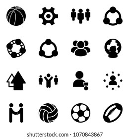 Solid vector icon set - basketball ball vector, gear, group, social, friends, community, man globe, arrow up, team leader, winner, star, agreement, volleyball, soccer, football