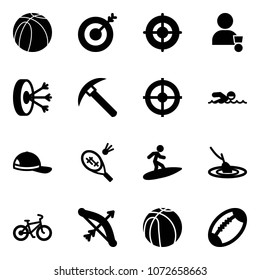 Solid vector icon set - basketball ball vector, target, winner, solution, rock axe, swimming, cap, badminton, surfing, fishing, bike, bow, football