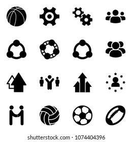 Solid vector icon set - basketball ball vector, gear, group, social, friends, community, arrow up, team leader, arrows, star man, agreement, volleyball, soccer, football