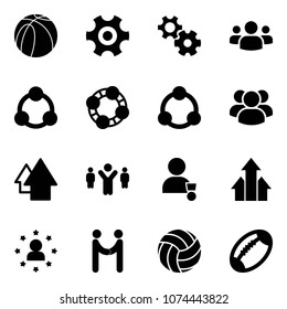 Solid vector icon set - basketball ball vector, gear, group, social, friends, community, arrow up, team leader, winner, arrows, star man, agreement, volleyball, football