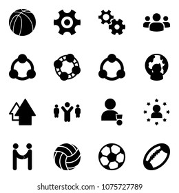 Solid vector icon set - basketball ball vector, gear, group, social, friends, community, man globe, arrow up, team leader, winner, star, agreement, volleyball, soccer, football