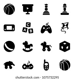 Solid vector icon set - basketball ball vector, presentation board, chess queen, pawn, game console, abc cube, joystick, kite, rocking horse, wheel, toy, elephant, gamepad, phone