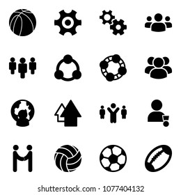 Solid vector icon set - basketball ball vector, gear, group, social, friends, man globe, arrow up, team leader, winner, agreement, volleyball, soccer, football