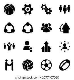 Solid vector icon set - basketball ball vector, gear, group, social, community, arrow up, team leader, winner, arrows, star man, agreement, volleyball, soccer, football