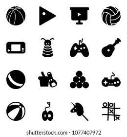 Solid vector icon set - basketball ball vector, play, presentation board, volleyball, game console, pyramid toy, joystick, guitar, shovel bucket, billiards balls, gamepad, beach, yoyo, unicorn stick