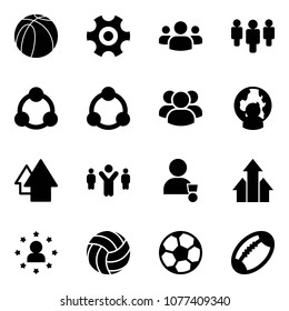 Solid vector icon set - basketball ball vector, gear, group, social, community, man globe, arrow up, team leader, winner, arrows, star, volleyball, soccer, football
