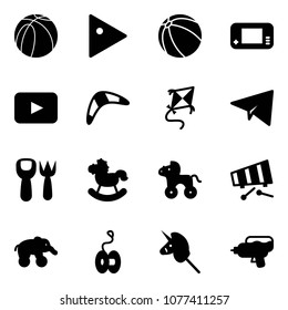 Solid vector icon set - basketball ball vector, play, game console, playback, boomerang, kite, paper plane, shovel fork toy, rocking horse, wheel, xylophone, elephant, yoyo, unicorn stick, water gun