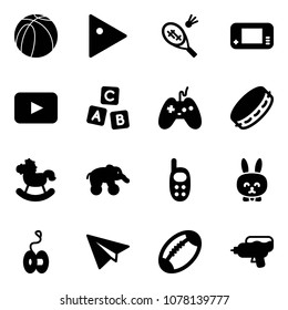 Solid vector icon set - basketball ball vector, play, badminton, game console, playback, abc cube, joystick, tambourine, rocking horse, elephant wheel, phone toy, rabbit, yoyo, paper plane, football