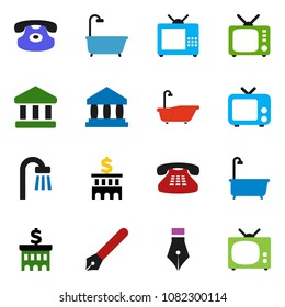 solid vector icon set - bath vector, pen, bank, building, tv, classic phone