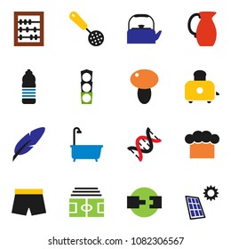solid vector icon set - bath vector, kettle, cook hat, skimmer, toaster, jug, mushroom, pen, abacus, stadium, shorts, water bottle, traffic light, dna, connection, solar panel