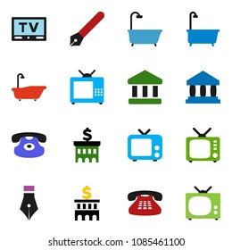 solid vector icon set - bath vector, pen, bank, building, tv, classic phone