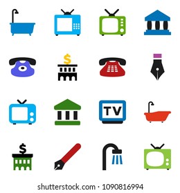 solid vector icon set - bath vector, pen, bank, building, tv, classic phone