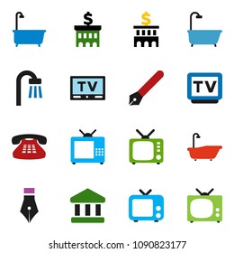 solid vector icon set - bath vector, pen, bank, building, tv, classic phone