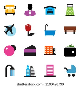 solid vector icon set - bath vector, shower, grater, cake, school bus, wallet, manager, fitball, plane, tulip, bench, garage, apartments, office building, baby stroller