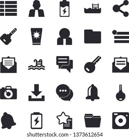 Solid vector icon set - battery flat vector, person, chat, computer file, pool, sun protection cream , key, bell, share, menu, download, message, favorites, camera