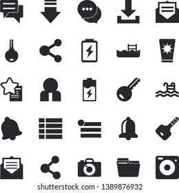 Solid vector icon set - battery flat vector, person, chat, computer file, pool, sun protection cream fector, key, bell, share, menu, download, message, favorites, camera