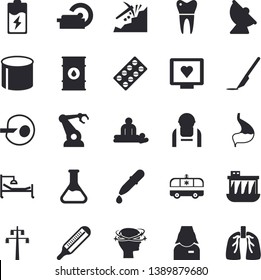 Solid vector icon set - battery flat vector, chemistry, oil tanks, power line support, hydroelectric station, construction worker, satellite antenna, pipe production, robotics, mining, thermometer