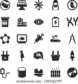 Solid vector icon set - battery flat vector, solar, windmill, forest, plug socket, electric cars, carbon dioxide, pipe production, dividers, radiator, metallurgy, vial, medical warmer, syringe, eye