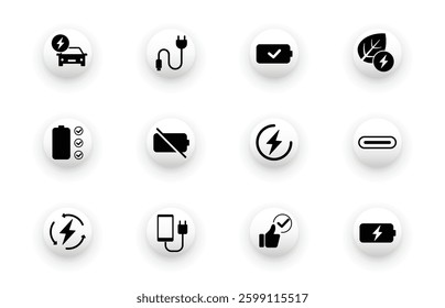 Solid vector icon set for battery, energy, charging, electric vehicle, type C connector.