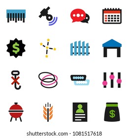solid vector icon set - bbq vector, personal information, constellation, dollar medal, calendar, cereals, hoop, no hook, warehouse, barcode, satellitie, settings, hdmi, message, fence, money bag