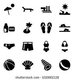 Solid vector icon set - beach vector, lounger, pool, reading, uv cream, palm, flip flops, swimsuit, ball, shell
