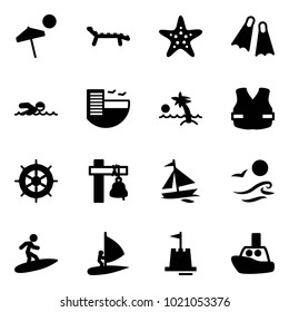 Solid vector icon set - beach vector, lounger, starfish, flippers, swimming, hotel, palm, life vest, hand wheel, ship bell, sail boat, waves, surfing, windsurfing, sand castle, toy