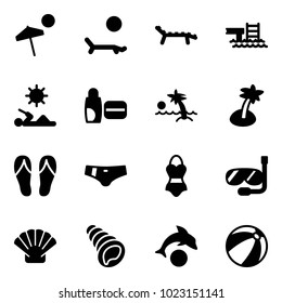 Solid vector icon set - beach vector, lounger, pool, reading, uv cream, palm, flip flops, swimsuit, diving, shell, dolphin, ball