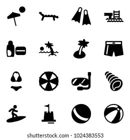 Solid vector icon set - beach vector, lounger, flippers, pool, uv cream, palm, swimsuit, parasol, diving, shell, surfing, sand castle, ball