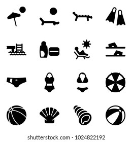 Solid vector icon set - beach vector, lounger, flippers, pool, uv cream, flip flops, swimsuit, parasol, ball, shell