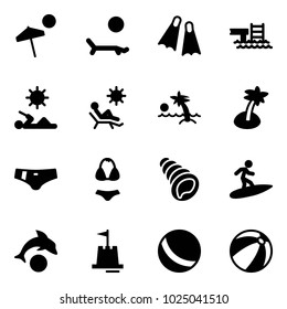 Solid vector icon set - beach vector, lounger, flippers, pool, reading, palm, swimsuit, shell, surfing, dolphin, sand castle, ball