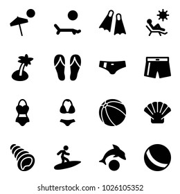 Solid vector icon set - beach vector, lounger, flippers, palm, flip flops, swimsuit, ball, shell, surfing, dolphin