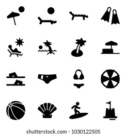 Solid vector icon set - beach vector, lounger, flippers, palm, inflatable pool, flip flops, swimsuit, parasol, ball, shell, surfing, sand castle