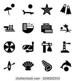 Solid vector icon set - beach vector, lounger, starfish, flippers, pool, hotel, sea, palm, parasol, diving, ship bell, lighthouse, kayak, shell, dolphin