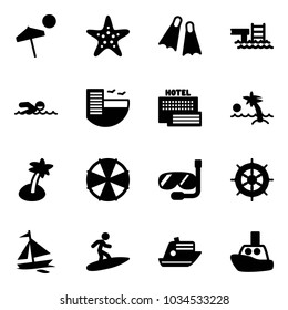 Solid vector icon set - beach vector, starfish, flippers, pool, swimming, hotel, sea, palm, parasol, diving, hand wheel, sail boat, surfing, cruiser, toy