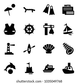 Solid vector icon set - beach vector, lounger, flippers, sea hotel, life vest, hand wheel, ship bell, sail boat, lighthouse, kayak, shell, dolphin, sand castle, cruiser, toy