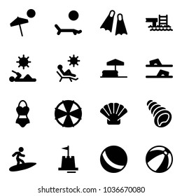 Solid vector icon set - beach vector, lounger, flippers, pool, reading, inflatable, flip flops, swimsuit, parasol, shell, surfing, sand castle, ball