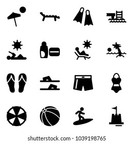 Solid vector icon set - beach vector, lounger, flippers, pool, reading, uv cream, palm, flip flops, swimsuit, parasol, ball, surfing, sand castle
