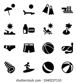 Solid vector icon set - beach vector, lounger, flippers, pool, reading, uv cream, palm, swimsuit, ball, diving, shell, surfing