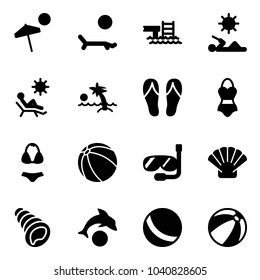 Solid vector icon set - beach vector, lounger, pool, reading, palm, flip flops, swimsuit, ball, diving, shell, dolphin