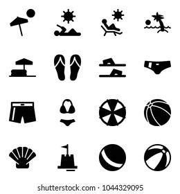Solid vector icon set - beach vector, reading, palm, inflatable pool, flip flops, swimsuit, parasol, ball, shell, sand castle