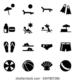 Solid vector icon set - beach vector, lounger, flippers, uv cream, palm, inflatable pool, flip flops, swimsuit, parasol, ball, shell