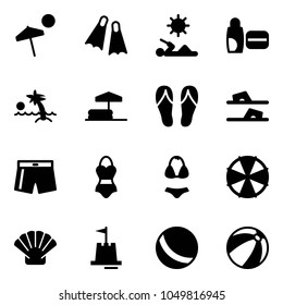 Solid vector icon set - beach vector, flippers, reading, uv cream, palm, inflatable pool, flip flops, swimsuit, parasol, shell, sand castle, ball